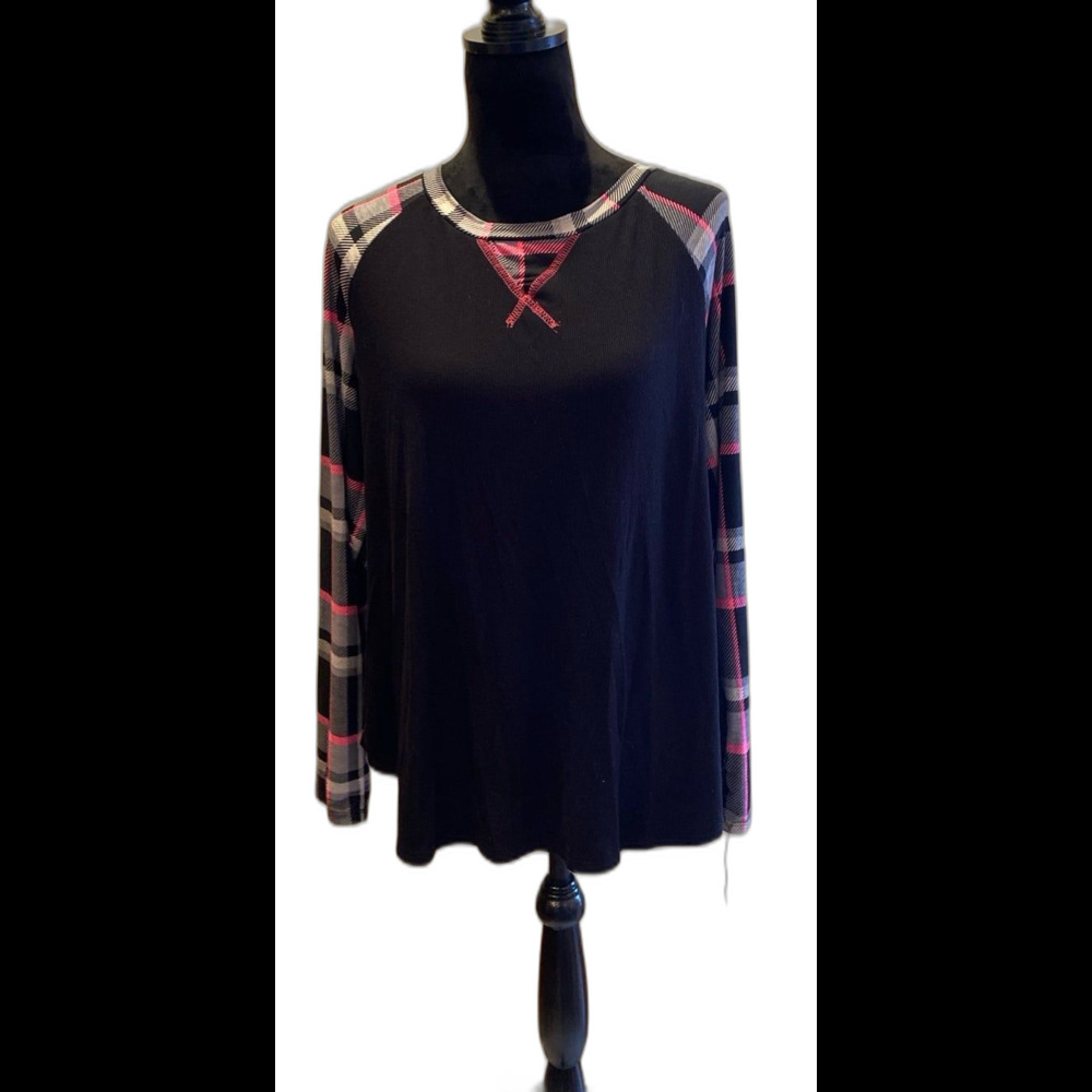 Sew In Love Blouse Size Large Top Black w Plaid Pink Raglan sleeves‎ + Stretch